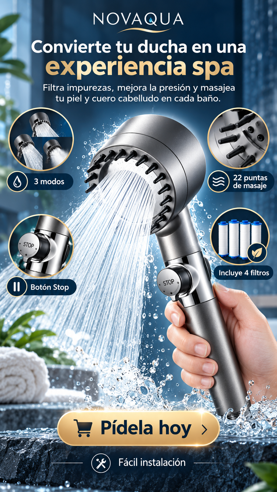NOVAQUA™ | Ducha Filtrante 3 Modos + Masaje